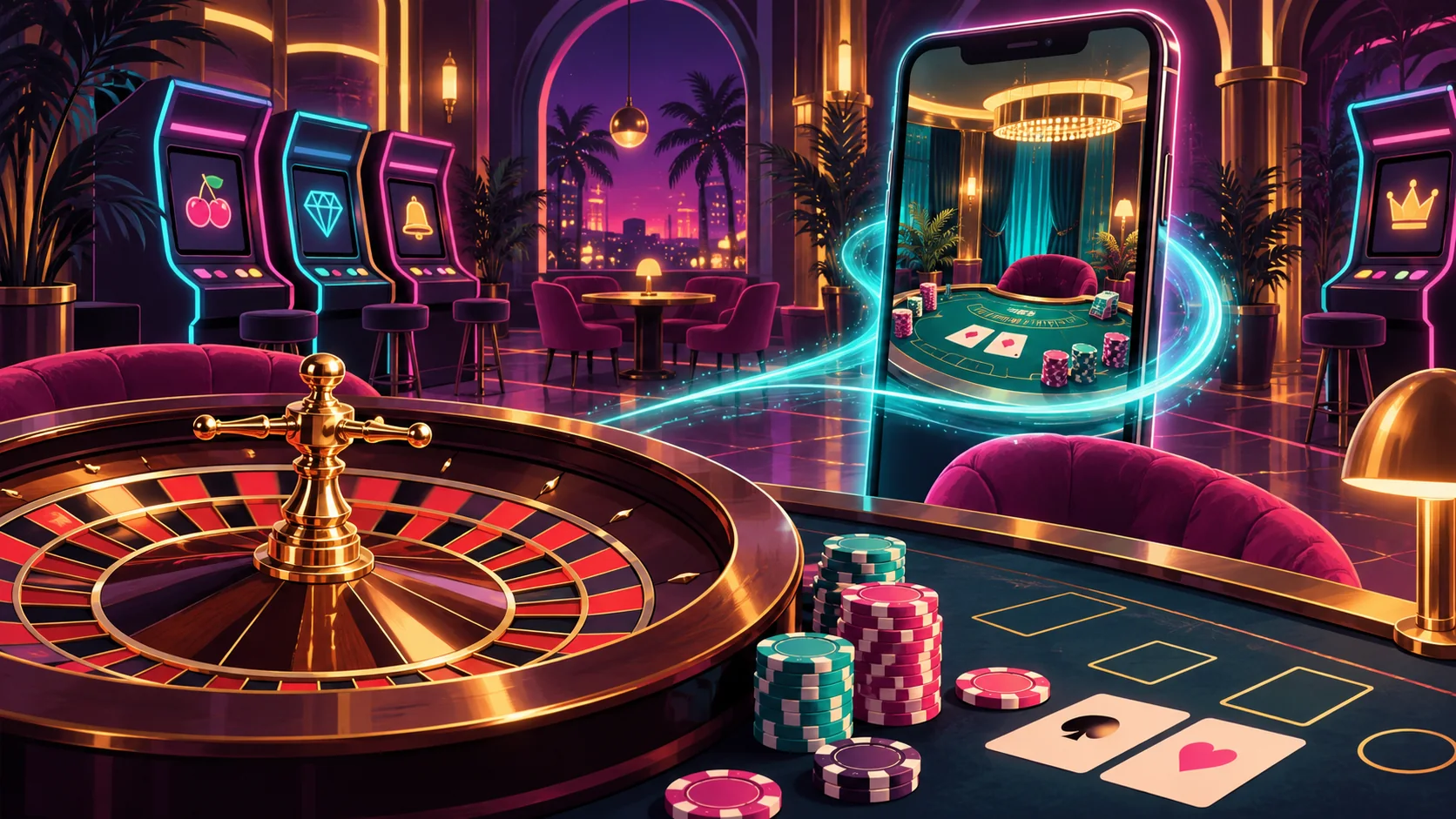 Casinon rulettipöytä, klassiset peliautomaatit ja puhelimen livepöytä retro arcade -väreissä
