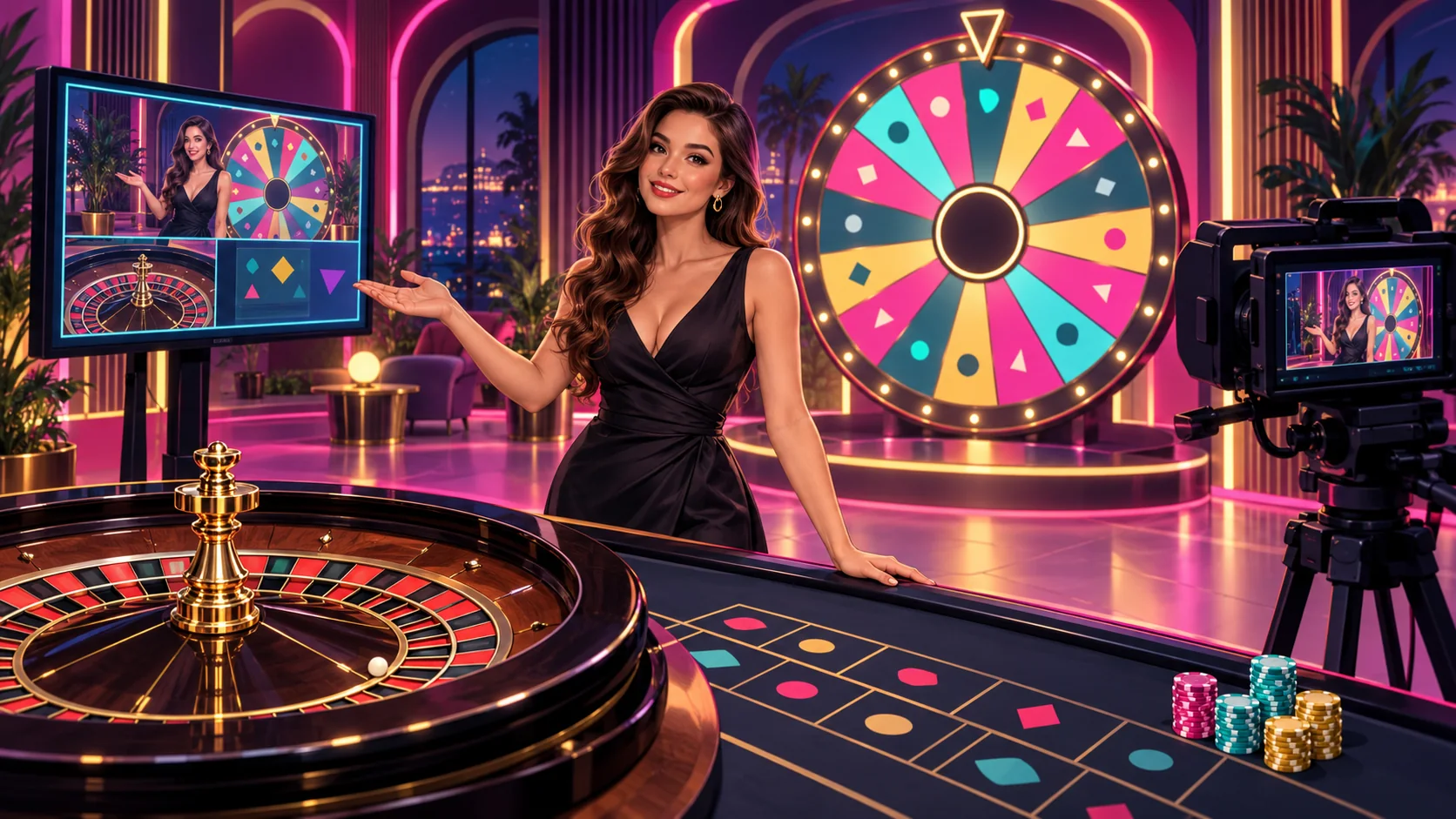 Livecasinon juontaja, onnenpyörä ja livepöytä turkoosin ja pinkin sävyisessä studiossa