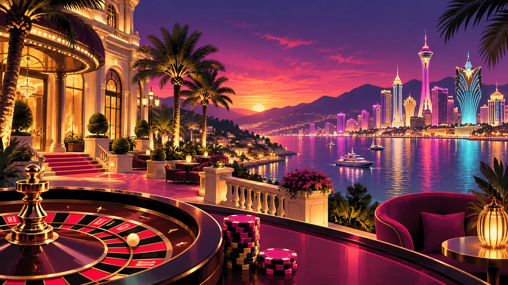 Euroopan palatsimainen casino ja maailman neonvalaistut casinoresortit retro arcade -kaupunkimaisemassa